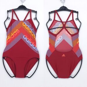 Adidas Women 34 Swimsuit Bathing Suit Red One Piece Fitness Arrow Fit DY5890 NEW